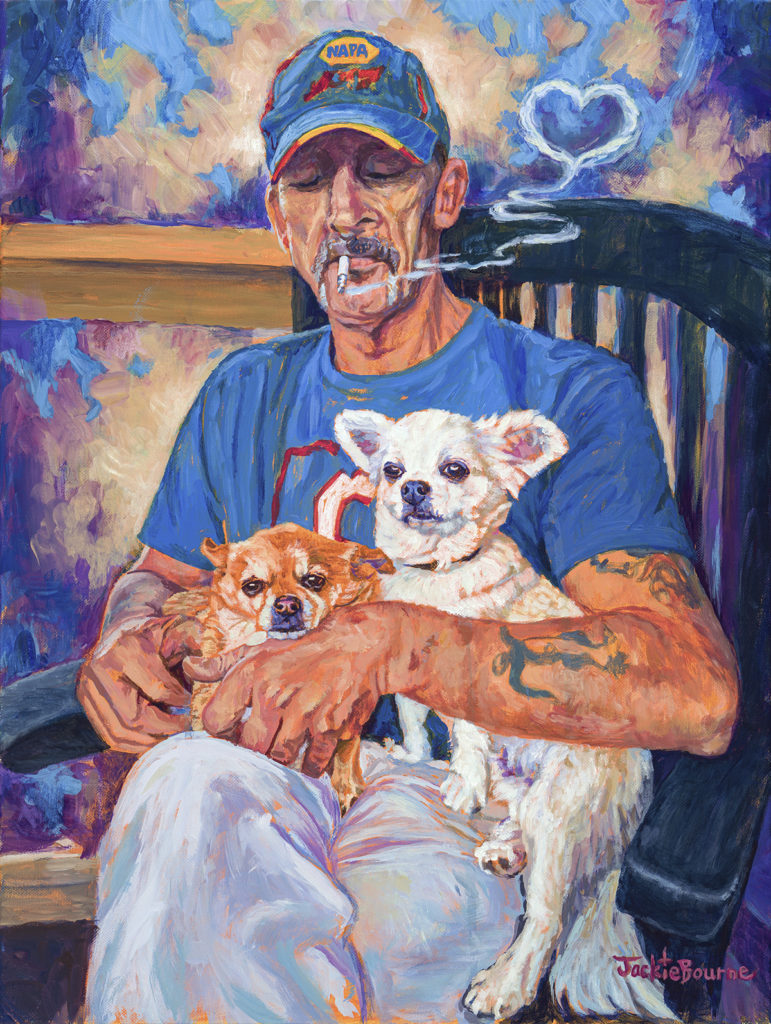 man-sitting-in-chair-with-chihuahuas-on-lap-painting