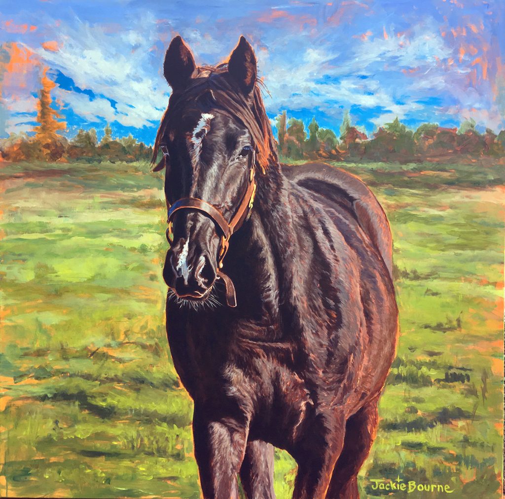 Painting-Horse-standing-in-grass-field-blue-sky