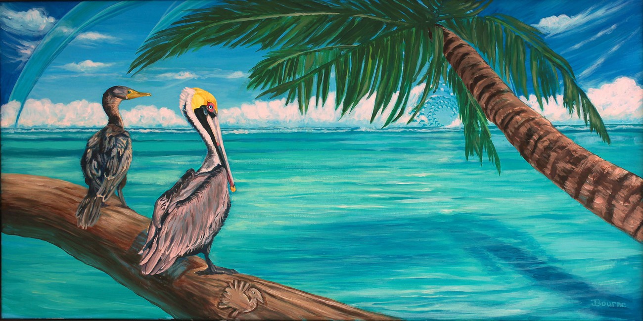 tropical-ocean_pelican_cormerant_log_ocean_palm_tree