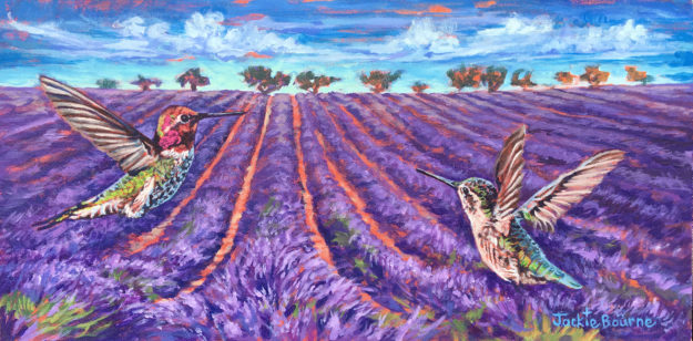 Lavender fields and hummingbirds, Acrylic on canvas, 12in x 24in. Prints available, <a href="http://www.jackiebourne.com/contact">Inquire here</a> Lavender-fields-hummingbirds-jackie-bourne-art-doterra-essential-oils