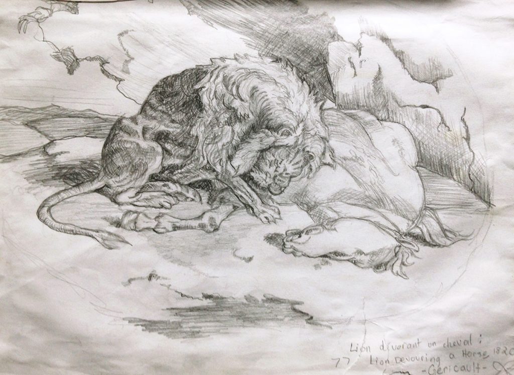 Pencil drawing of Lion devouring a horse