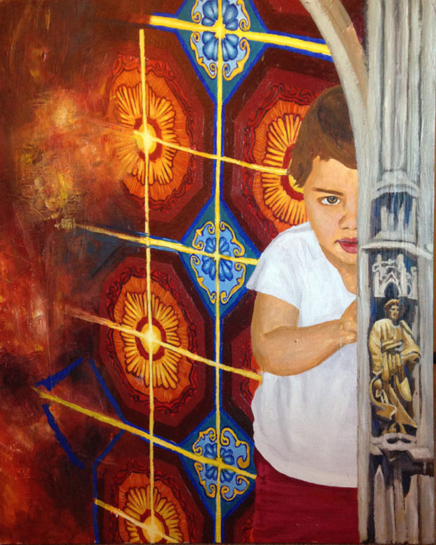 Unfinished-girl-peeking-out-from-behind-door-in-spain-jackie-bourne-art