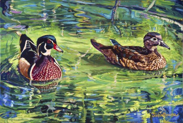 Wood Ducks in Lost Lagoon – New Painting! Wood-ducks-in-lagoon-with-reflections-in-water
